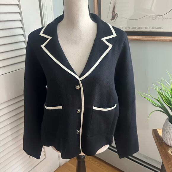RIO & RIAN Jacket Womens XL Black White Trim Boxy Sweater Knit Preppy Classic - Picture 1 of 9